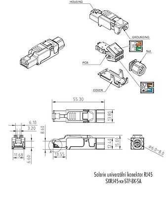 Produkt Konektor MPTL univerzální RJ45 CAT6A STP samořezný SXRJ45-6A-STP-BK-SA - Solarix - Konektory